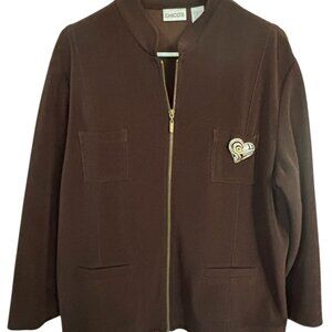 Chicos Brown Zip Up Jacket Decorative Heart Patch Size 3 XL 16 18